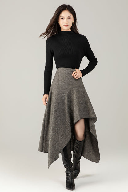 Gray irregular winter wool skirt women C5250