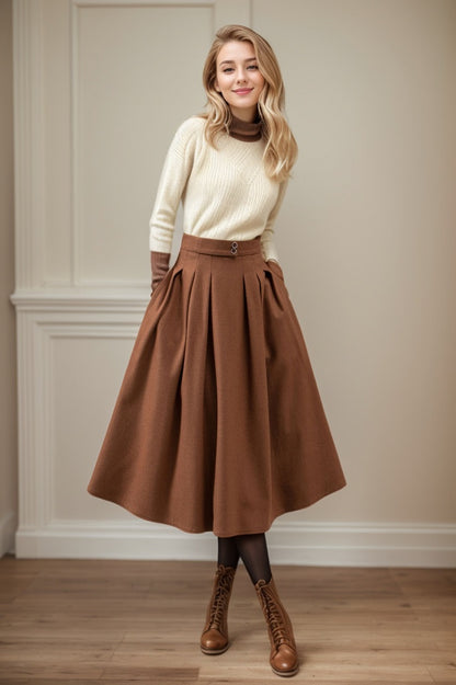 Pleated midi winter wool skirt with pockets C4445