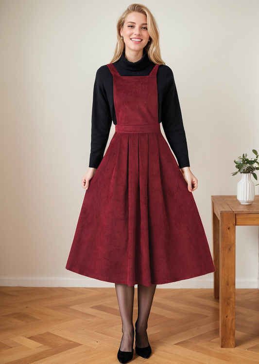 Corduroy Pinafore Midi Pleated Dress C4364