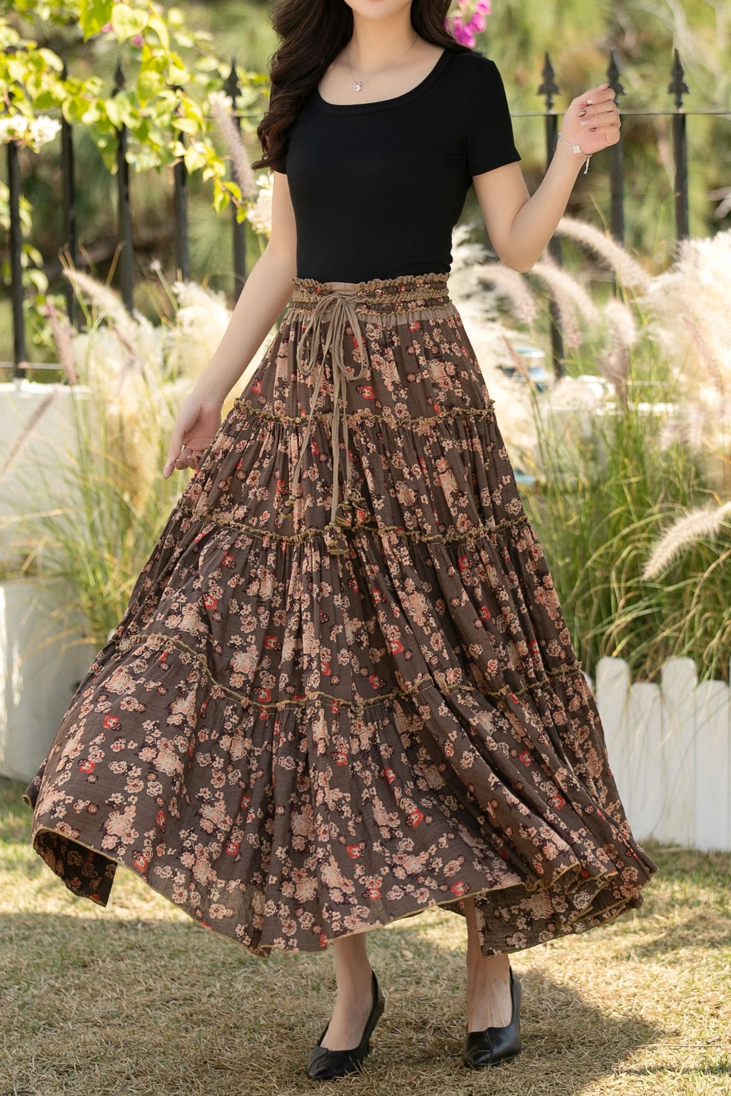 Brown Cotton Maxi Skirt - Floral Print, High Waisted Pleated c5440