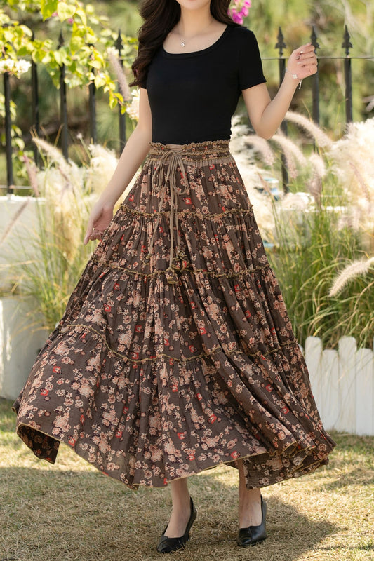 Brown Floral Cotton Maxi Skirt: High Waisted Pleated Long Skirt for Women, Handmade, Ylistyle C5440