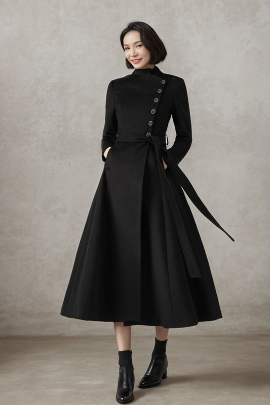 Black Long Wool Coat, Winter Wool Coat women C3706