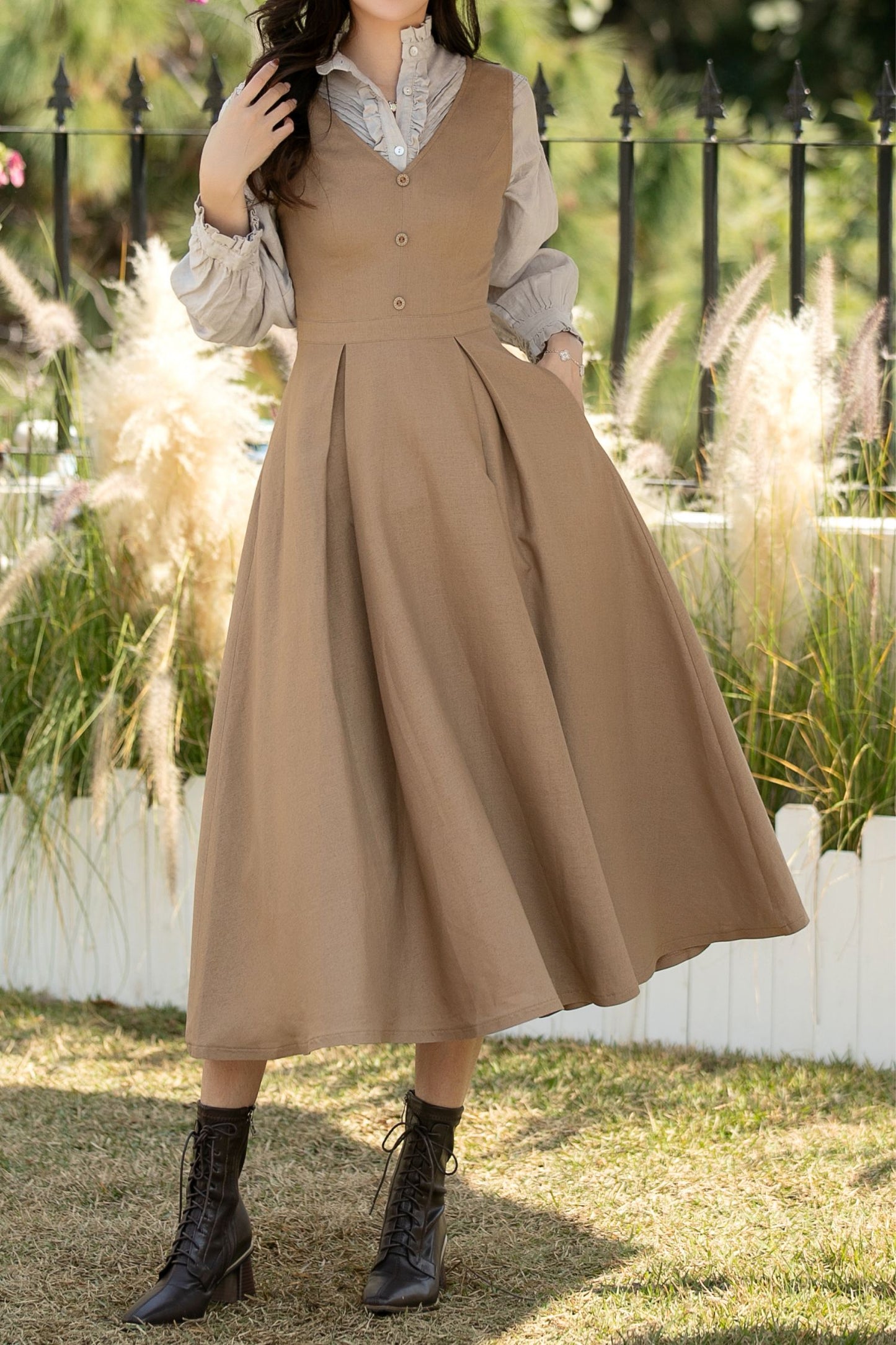 Khaki Linen Pinafore Midi Dress: Sleeveless A-Line Dress with Pockets, Ylistyle C5437