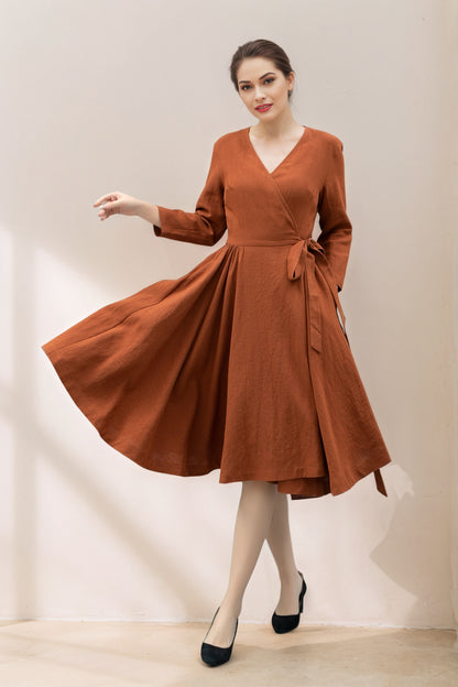 V-Neck Swing Midi linen dress with Waist Tie C5359