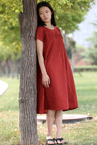 Red linen dress midi dress C283