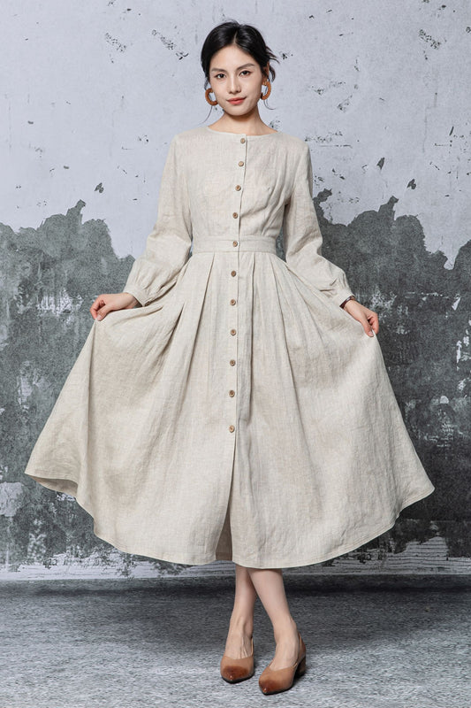 Light Beige Linen Dress: Long Sleeve Button Front Pleated Maxi Dress, Ylistyle C5469