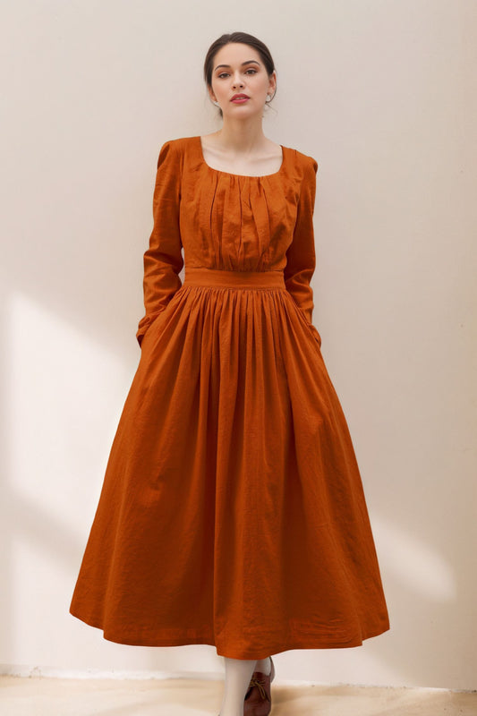 Long Sleeve Orange Linen Dress for Women C5364