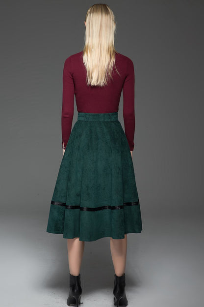 Womens Fall Green Corduroy A-line Midi Skirt C769