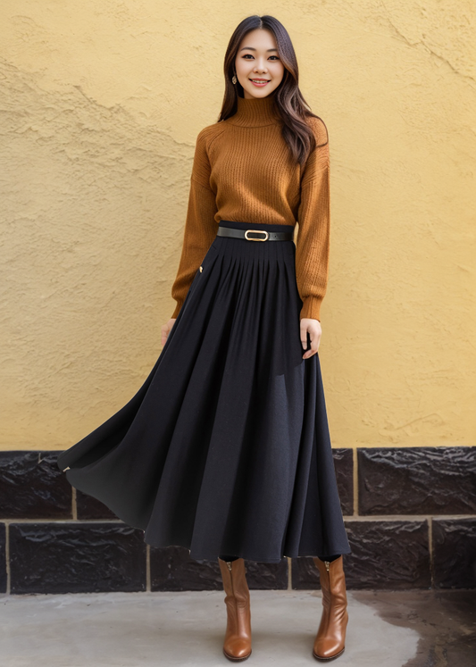 Navy Blue Wool Midi Skirt C4454