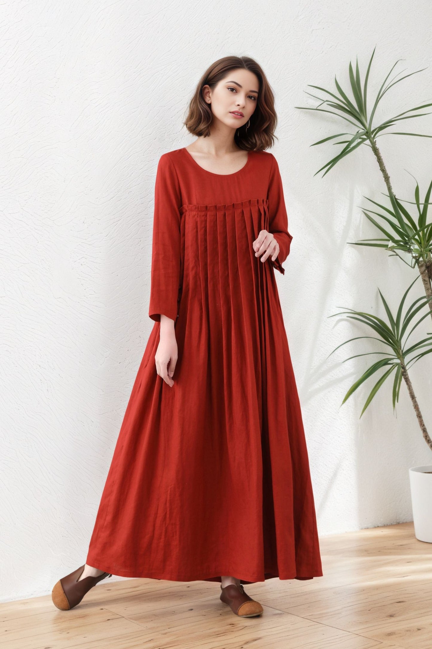 Women Brick Red Pleated Organic Linen dress C5419