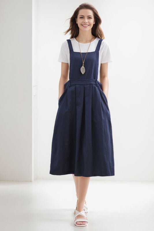 Linen Pinafore Dress, Linen midi dress C2255