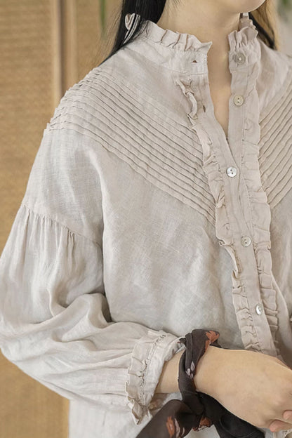 Casual linen shirt top with ruffle details C5428