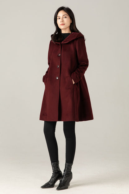 Burgundy Wool Blend Hooded Coat: A-Line Mid-Length Winter Overcoat, Ylistyle C5377