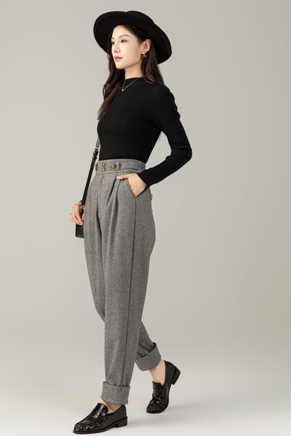 High-Waist Wool Trousers: Vintage Grey Pleated Cuffed Pants C5247