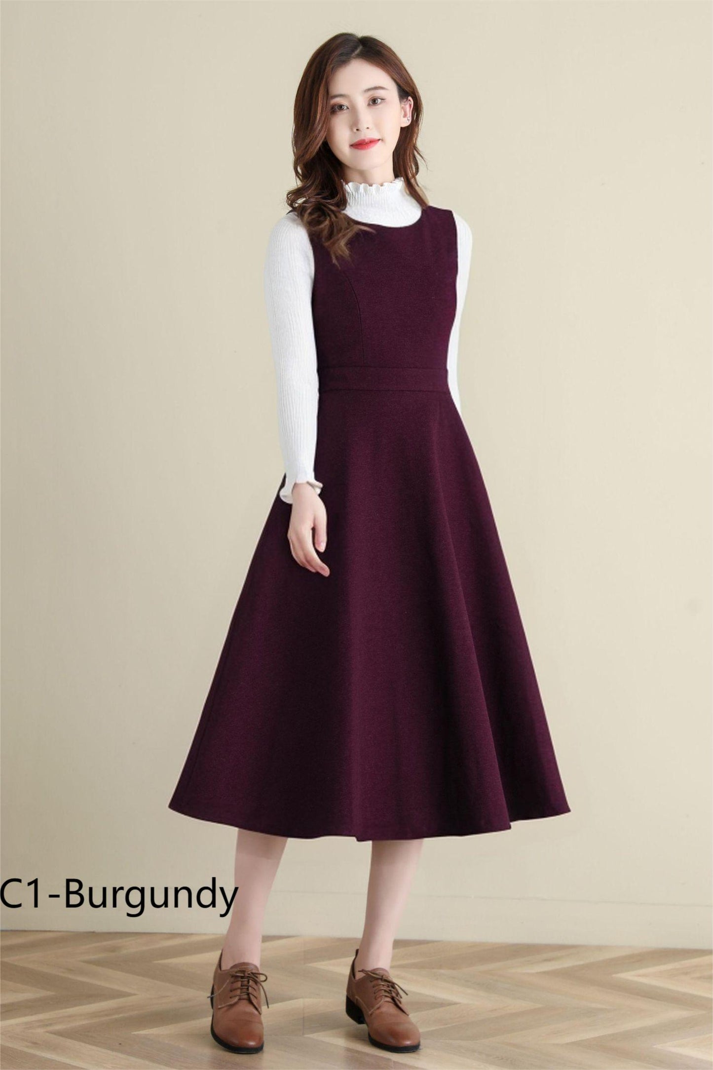 Long burgundy winter wool dress C4386