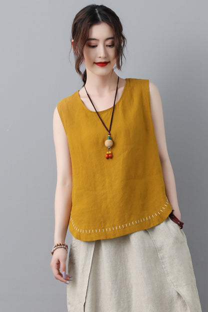 Yellow summer linen tank top women C2349
