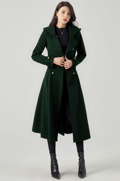 Long Double Breasted Hooded Wool Coat C4406