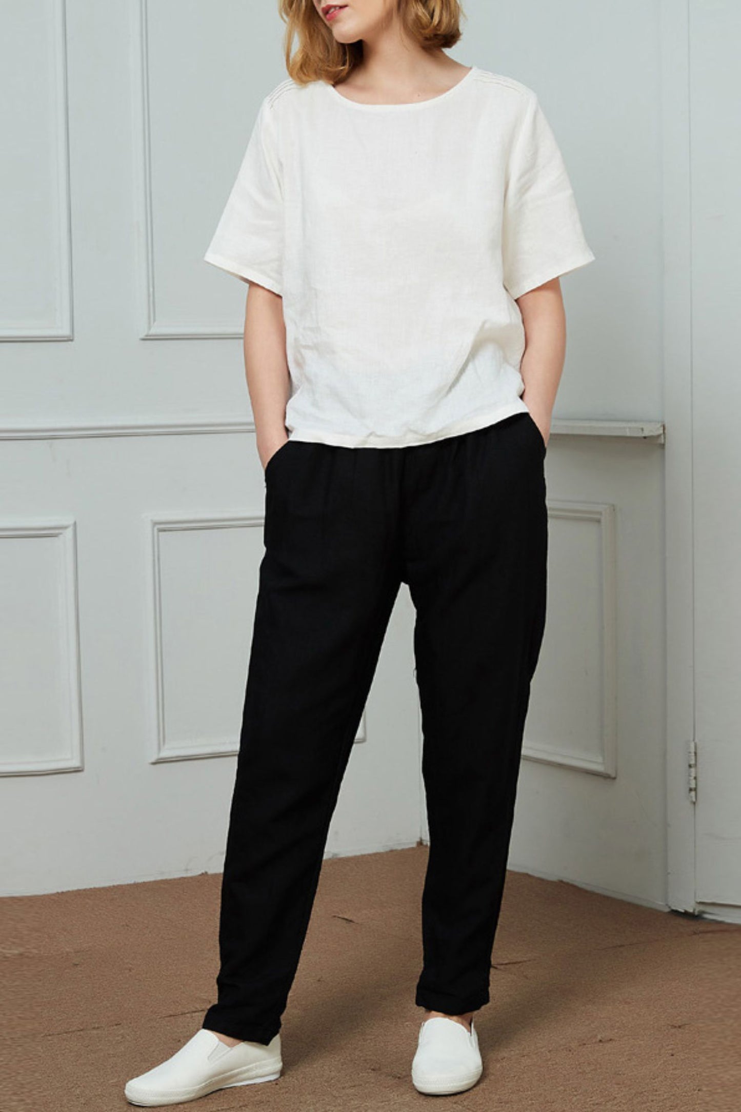 Linen narrow-leg regular length pants C1466
