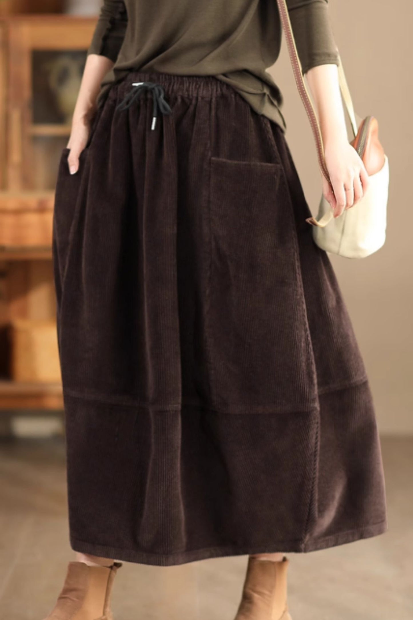 Midi corduroy skirts with drawstring waist C5351