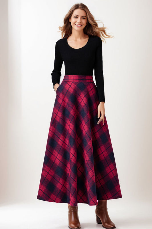 Plaid Wool Maxi High Waisted Skirt with Pockets C4267