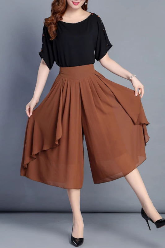 Wide leg midi chiffon pants women C4911