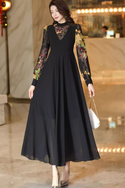 Fit and flare block color maxi chiffon dress C4929