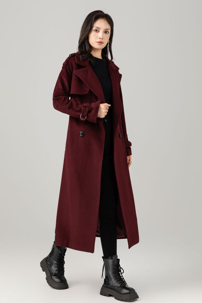 Burgundy wool maxi coat with self tie belt C5280