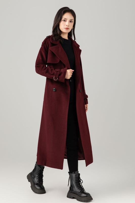 Burgundy wool maxi coat with self tie belt C5280