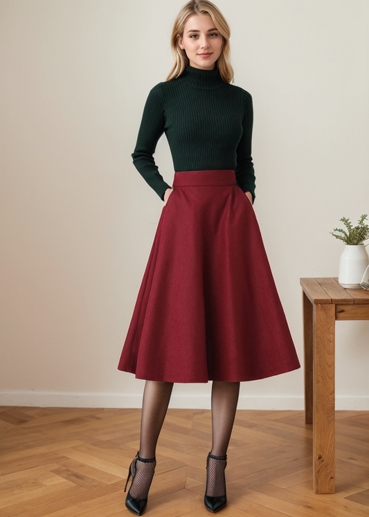 Women's Wine Red Midi Warm Winter Wool Skirt C4357
