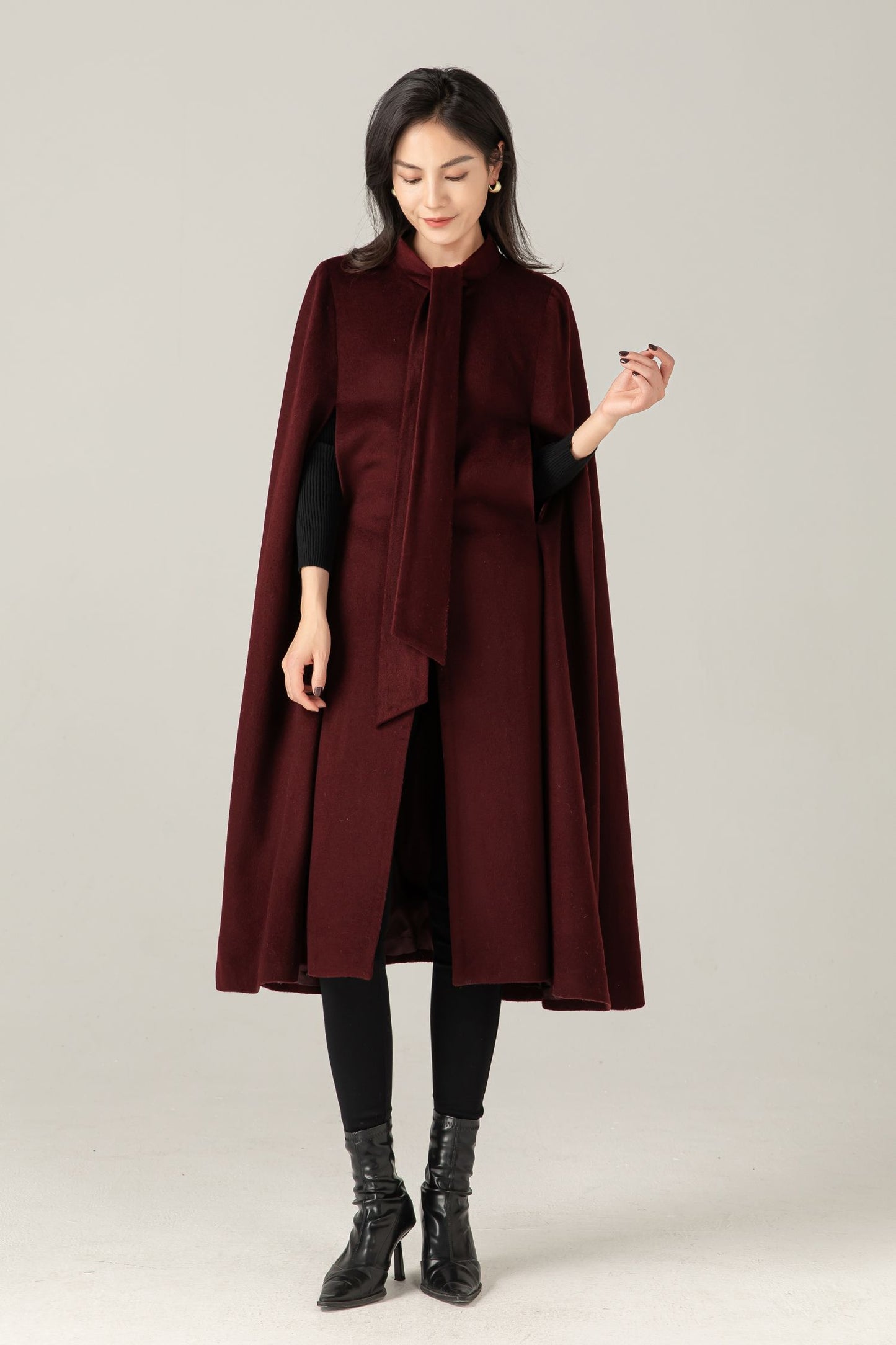 Burgundy Wool Blend Cape Coat: Women Long Winter Cape Outerwear, Ylistyle C5378