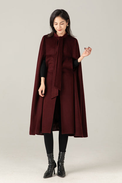 Burgundy Wool Blend Cape Coat: Women Long Winter Cape Outerwear, Ylistyle C5378
