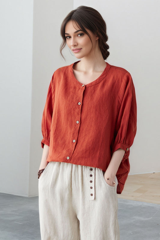 Rust Linen Blouse: Oversized 3/4 Sleeve Button-Up Relaxed Fit Top, Ylistyle C5321