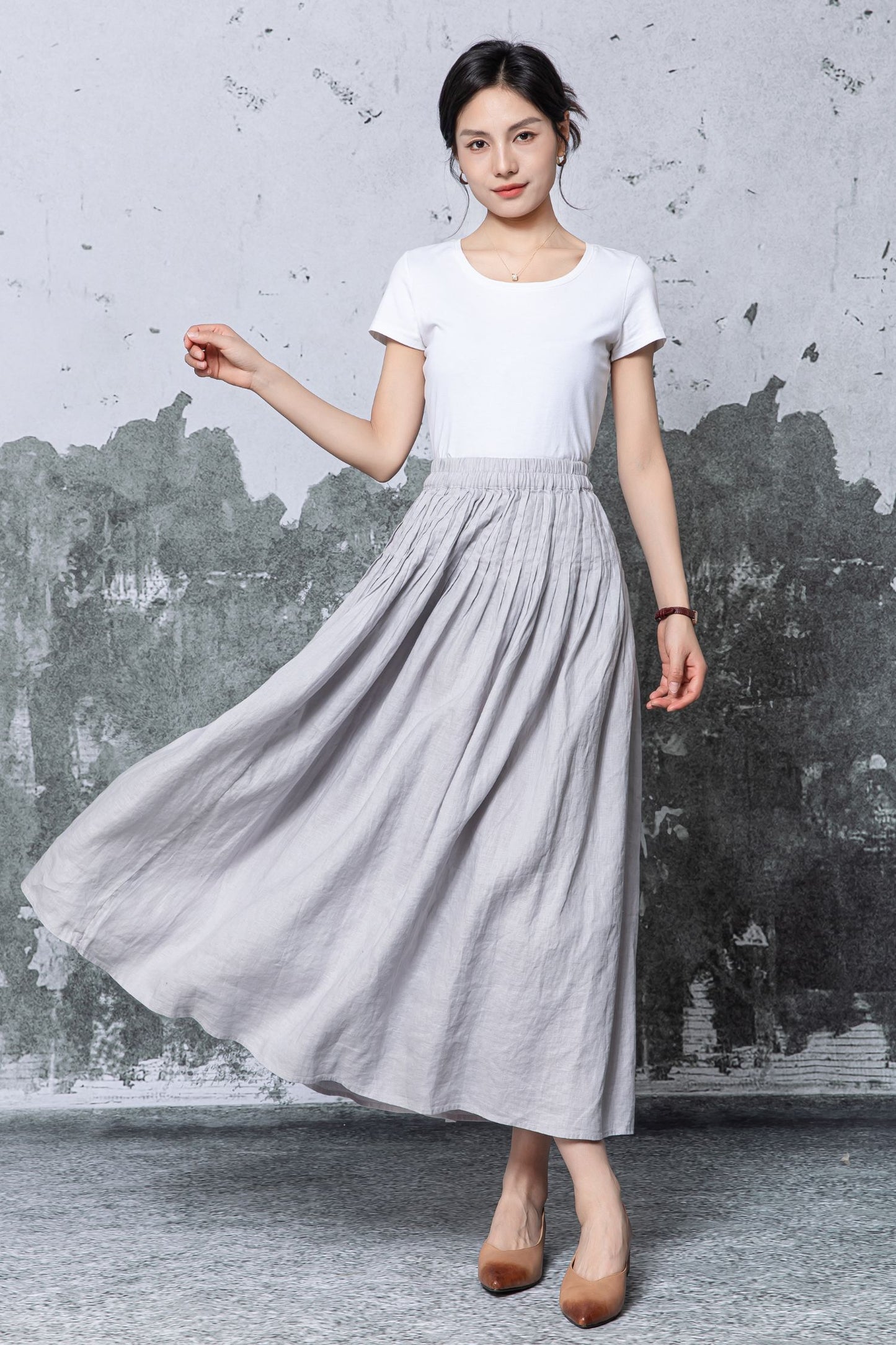 Gray Linen Maxi Skirt - Elastic Waist Pleated A-Line Silhouette c5466