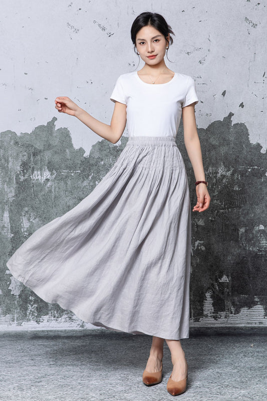 Gray Linen Maxi Skirt: Elastic Waist A-Line Long Pleated Skirt, Ylistyle C5466
