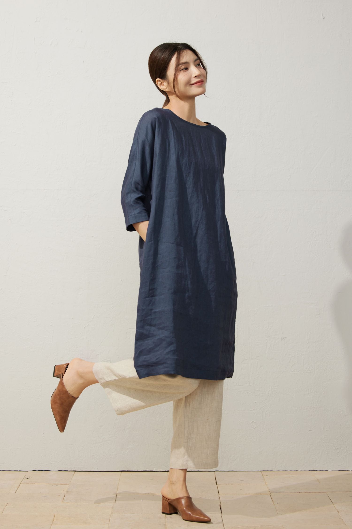 navy blue linen midi dress Navy Blue Linen Cotton Maxi Dress with Pleated Waist and Relaxed Fit