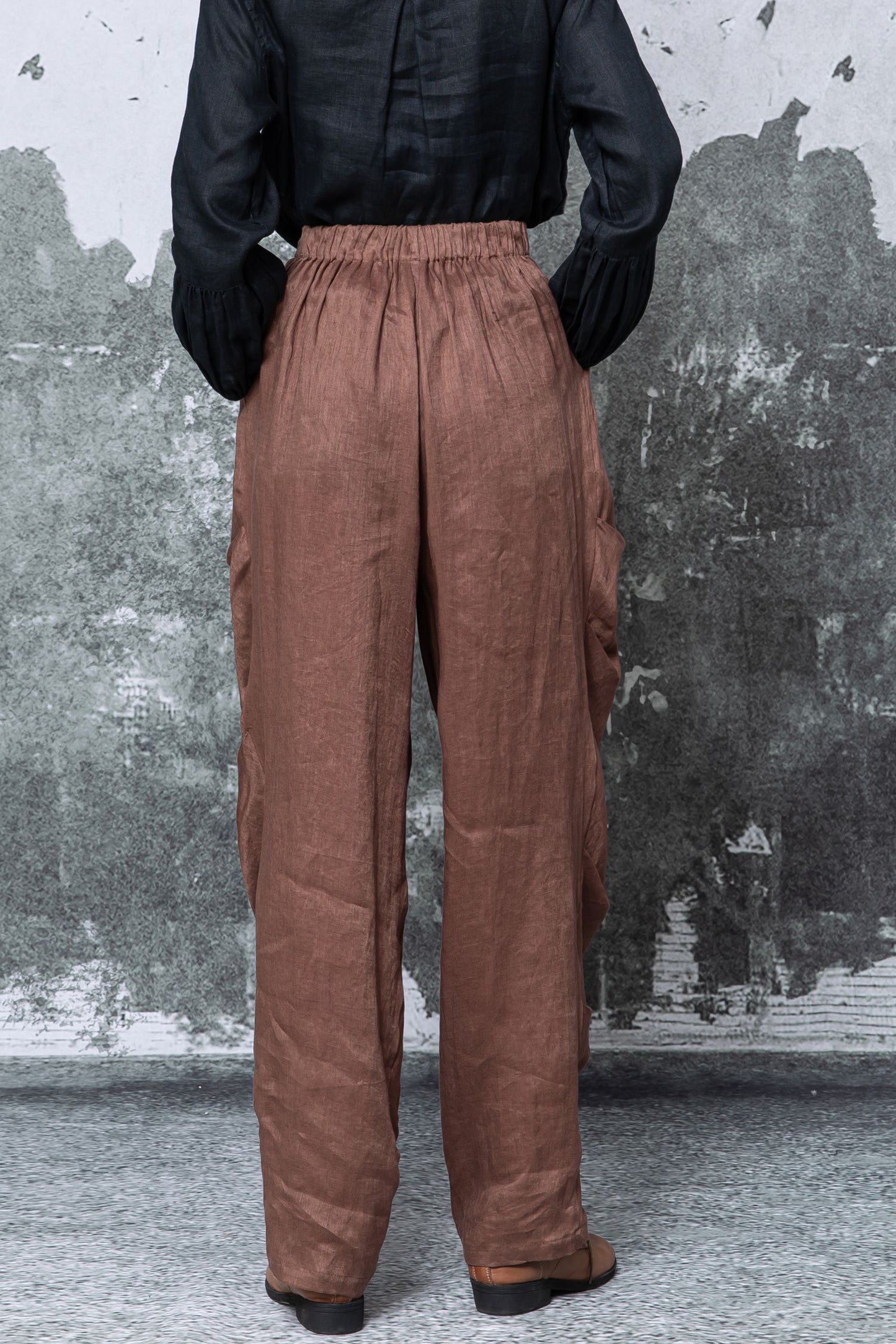Brown Linen Harem Pants - High Waisted Wide Leg Relaxed Fit c5462