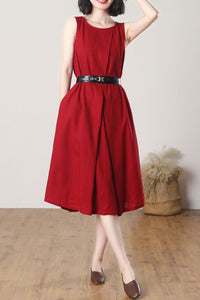 Red Sleeveless Midi Linen Dress C3262