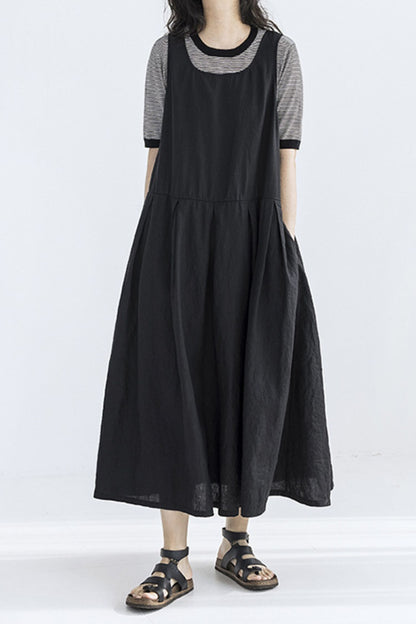 Black sleeveless loose fitting long linen summer dress C5421