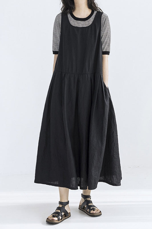 Black sleeveless loose fitting long linen summer dress C5421