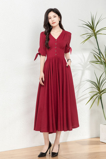 Burgundy fit and flare linen dress C4771