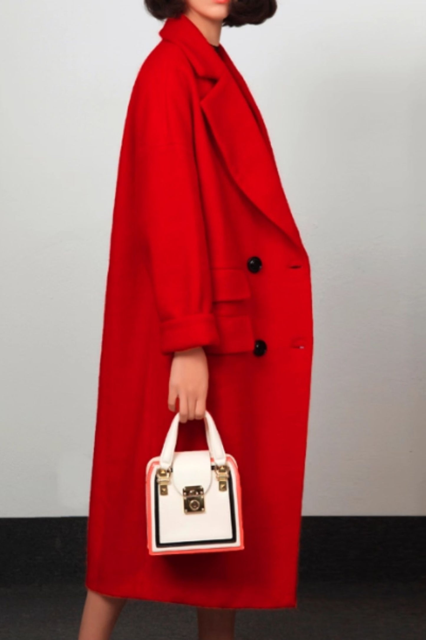 Red womens warm long trench wool coat C5169