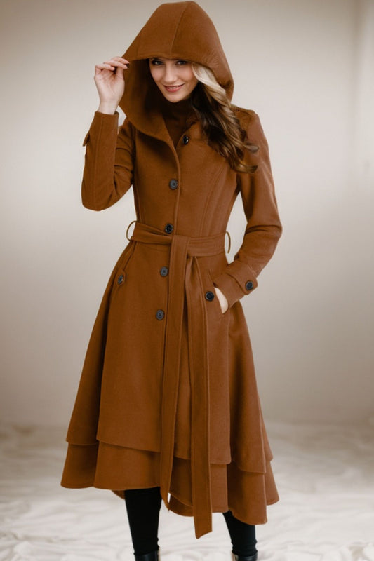 Dark Brown Hooded Wool Coat C4523