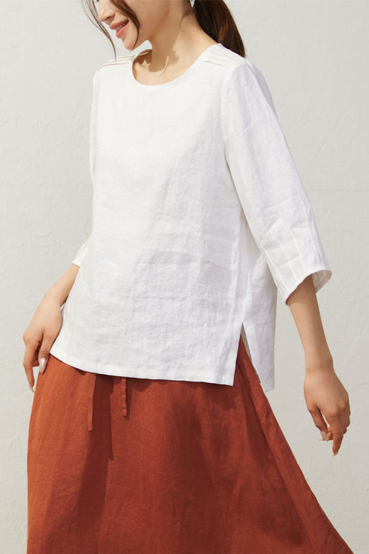 Women's Casual White Linen Tops C3931