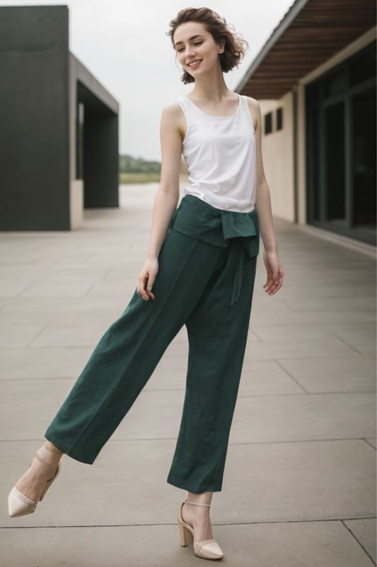 Irregular Waist Green Wide Leg Straight Leg Pants C156