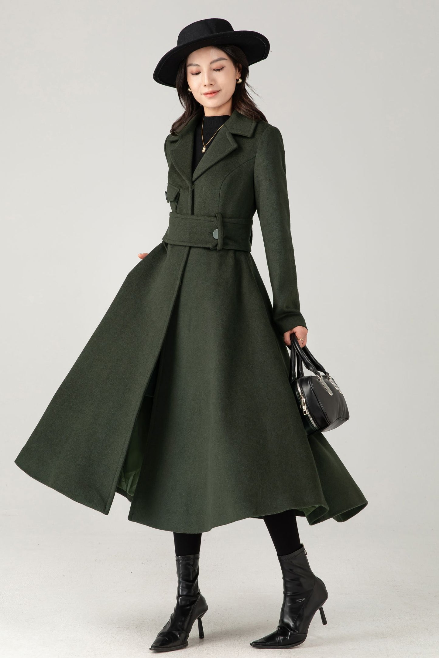 Green Wool Coat: Women’s Tailored Belted A-Line Winter Overcoa C5336