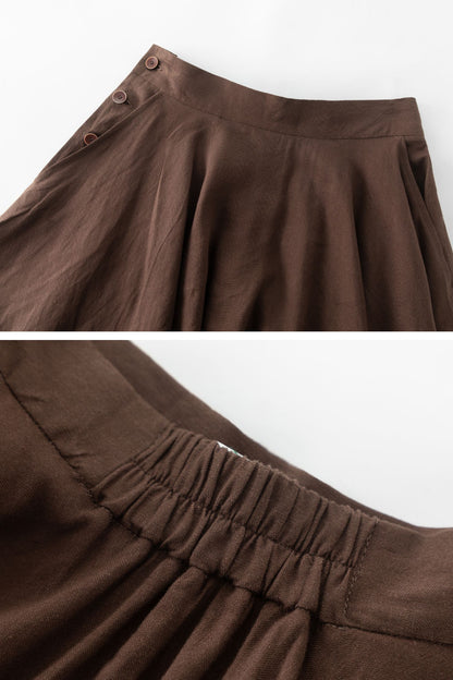 Brown Linen Swing Mid-Length A-Line Skirt C4764