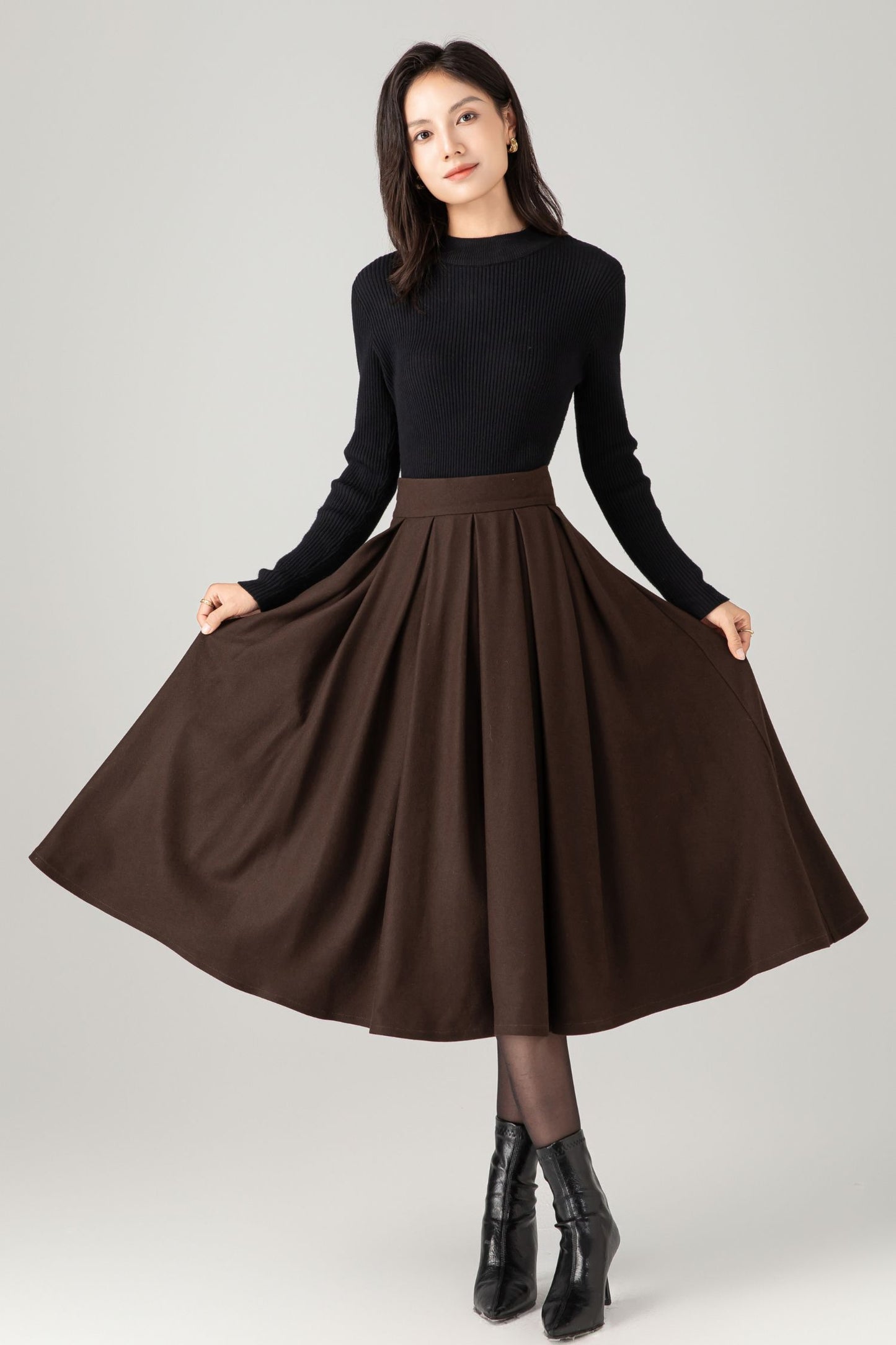 Pleated winter a line wool skirt women C5275