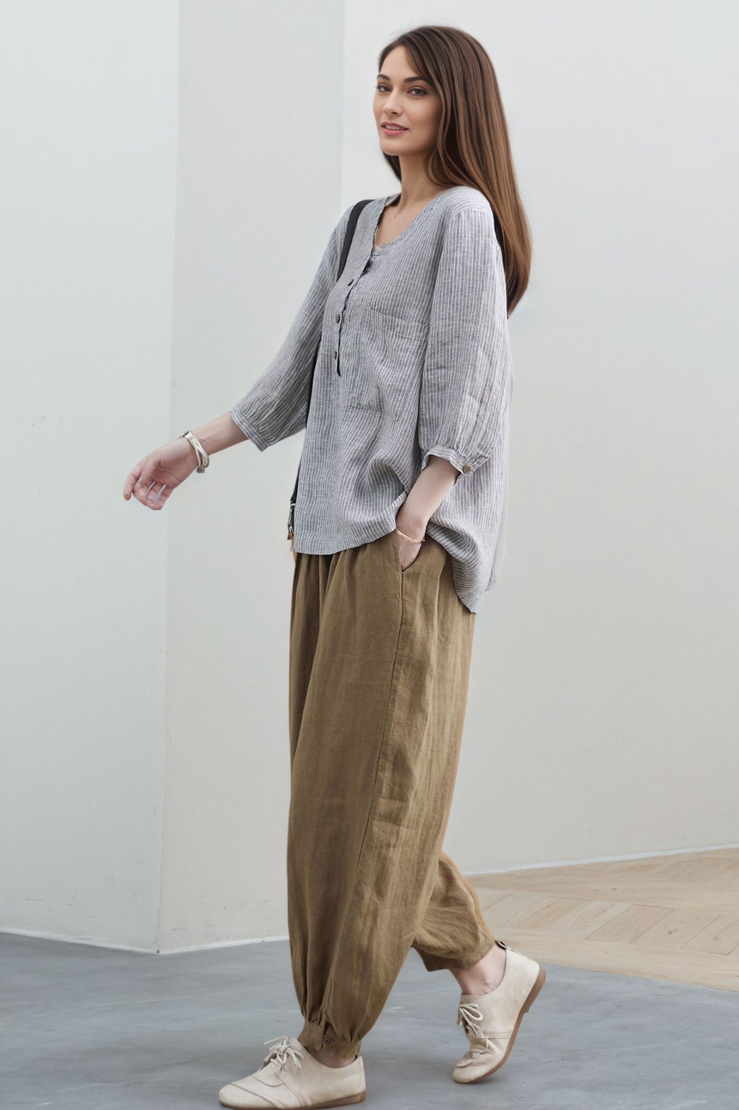 V-Neck Linen Blouse, Loose Fit Top C5318