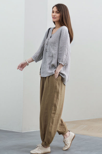 V-Neck Linen Blouse, Loose Fit Top C5318