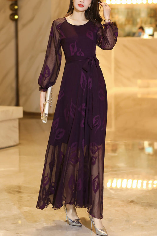 Summer Purple Long Sleeve Chiffon Dress C4110